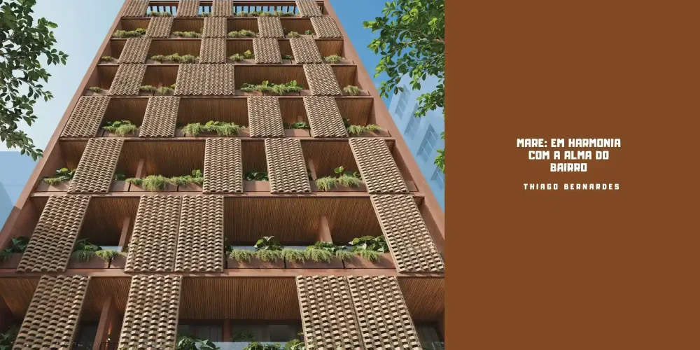 Fachada do Mare Ipanema com brises cerâmicos, vegetação integrada e arquitetura contemporânea em tons terrosos, vista de baixo para cima.