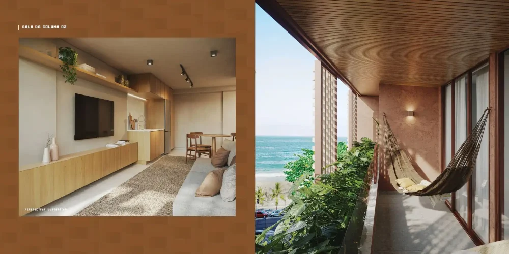 Varanda do apartamento 702 do Mare Ipanema com vista para o mar, acabamento em madeira, plantas naturais e rede integrada ao ambiente.