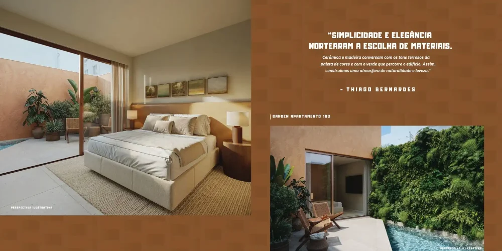 Quarto do Garden 103 no Mare Ipanema com ampla abertura para área externa, mobiliário contemporâneo e piscina integrada ao paisagismo.