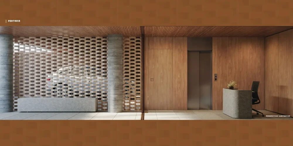 Portaria do Mare Ipanema com design em madeira, elementos vazados e área de recepção contemporânea.