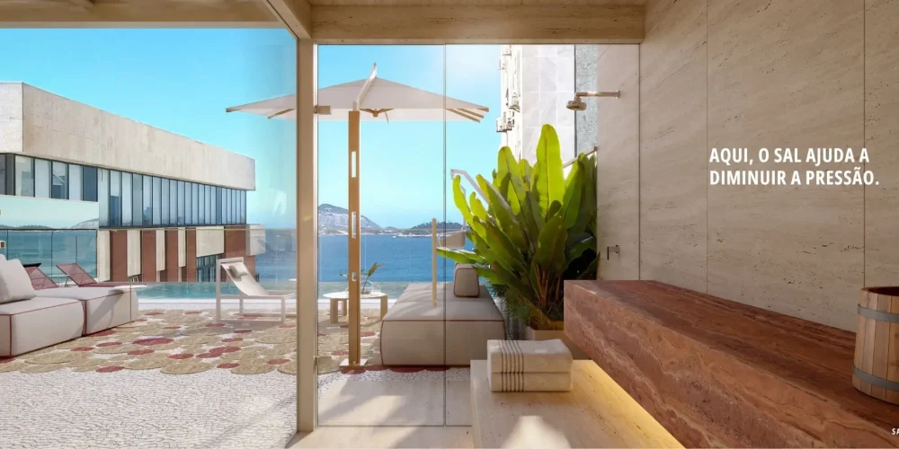 Sauna do Sal Praia de Ipanema integrada ao terraço com piscina, vista para o mar e área de descanso com mobiliário contemporâneo