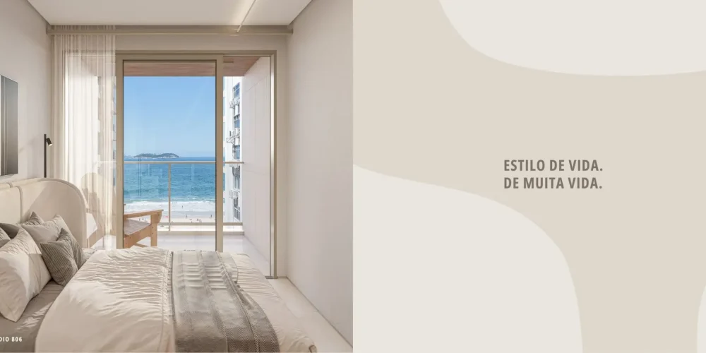 Studio 806 do Sal Praia Ipanema — suíte com vista frontal para o mar, varanda ampla e interior contemporâneo.