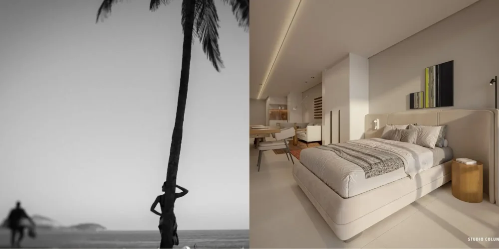 Studio Coluna 06 do Sal Praia Ipanema — suíte ampla integrada à sala, com décor contemporâneo e iluminação natural.