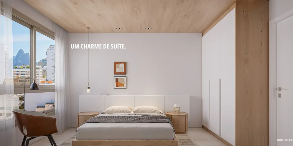 Suíte moderna do Sal Praia Ipanema com vista para o Morro Dois Irmãos — decoração minimalista, madeira natural e iluminação suave.