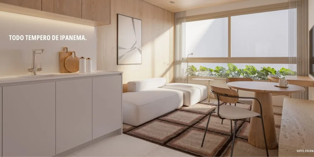 Suíte Coluna 05 do Sal Praia Ipanema — interior moderno com tons claros, janelas amplas e mobiliário contemporâneo.